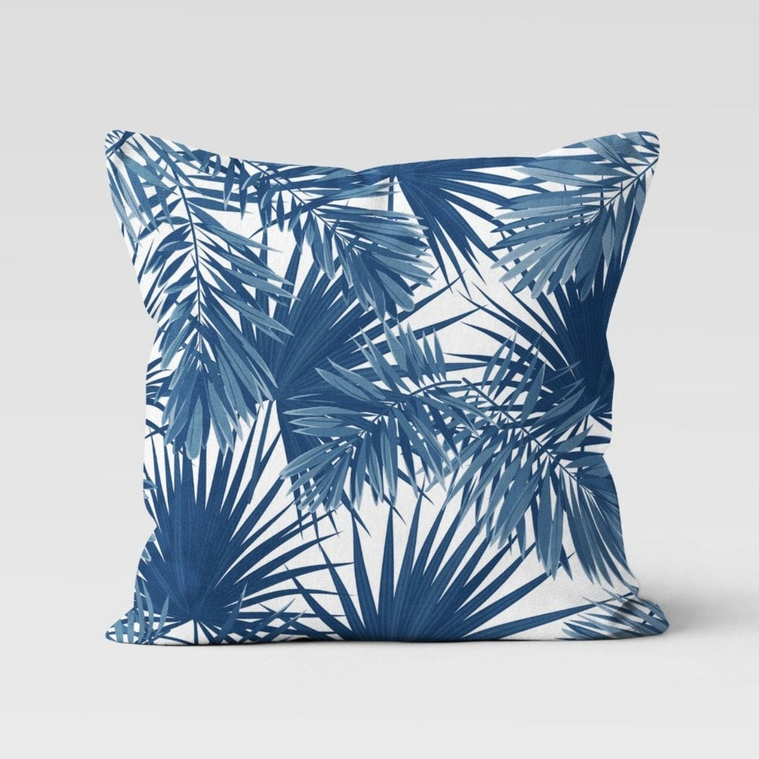 Blue Leaves Pillow Cover|Floral Cushion Case|Blue White Tropical Pillowtop|Decorative Plant Printed Outdoor Cushion Case|Boho Bedding Pillow