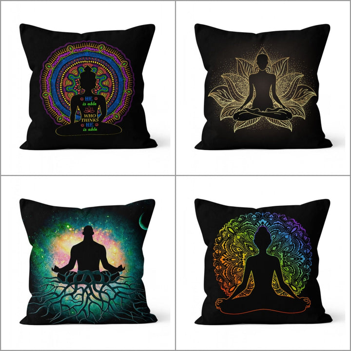 Meditation Pillow Cover|Gold Yoga Cushion Case|Spiritual Woman and Man Doing Yoga Cushion Cover|Decorative Throw Pillowcase|Boho Pillow Case