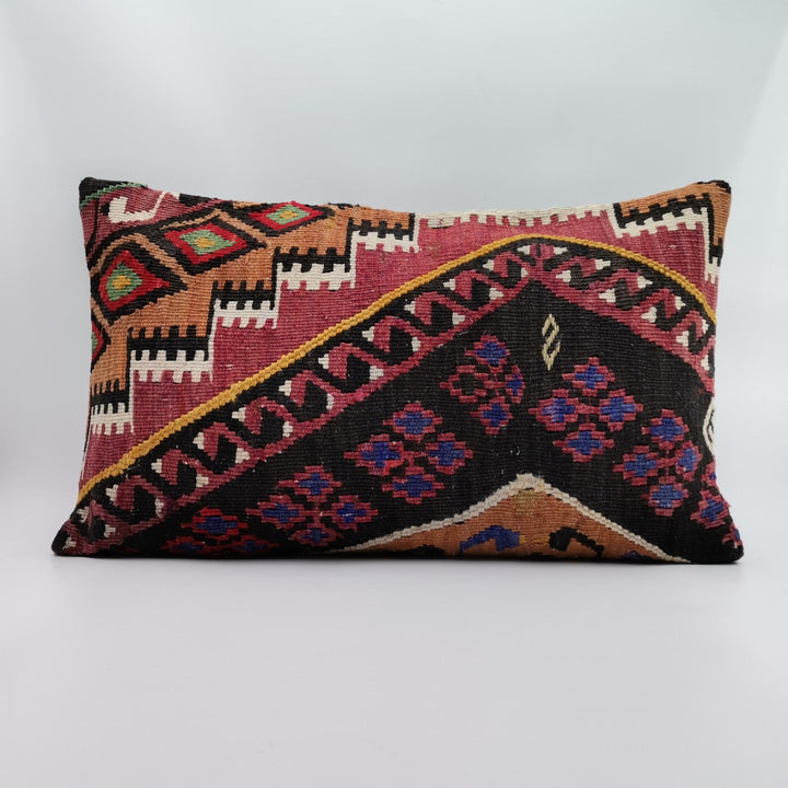 Turkish Kilim Pillow Cover|Ethnic Ottoman Lumbar Pillowtop|Vintage Rug Cushion Case|Handwoven Antique Cushion Cover|Boho Bedding Decor 16x24