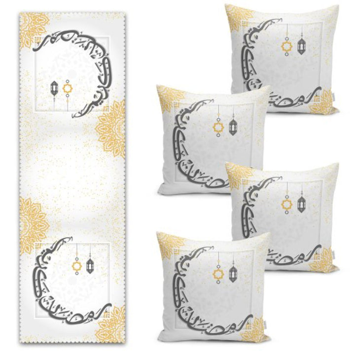 Set of 4 Islamic Pillow Covers and 1 Table Runner|Ramadan Lantern Tabletop|Ramadan Kareem Print Decor|Religious Motif Tablecloth and Cushion