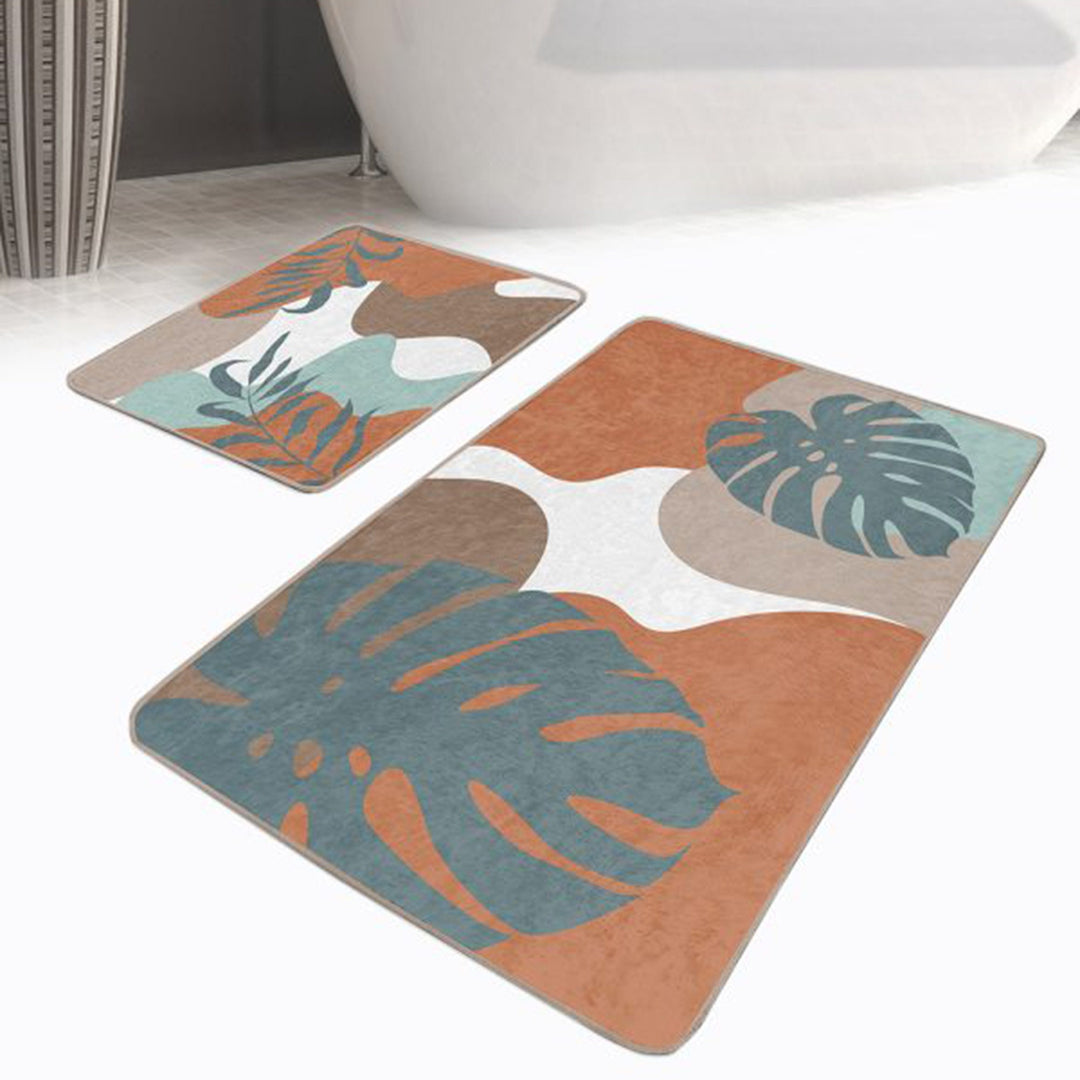 Set of 2 Abstract Leaves Bath Mat|Non-Slip Bathroom Decor|Decorative Bath Rug|Abstract Shapes Floor Mat|Rectangle Shower Home Entrance Rug