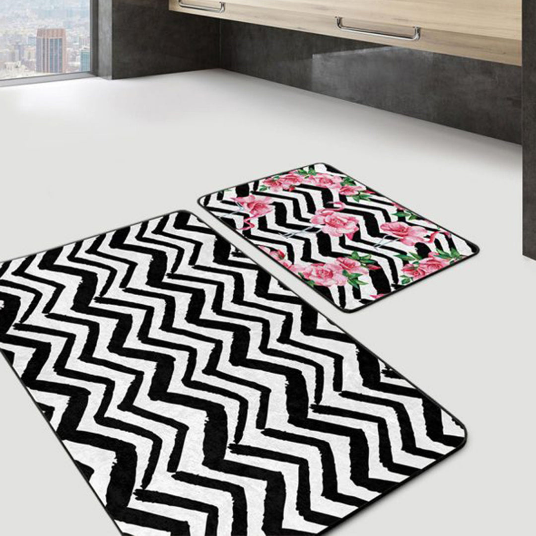 Set of 2 Flamingo Bath Mat|Non-Slip Bathroom Decor|Zigzag and Floral Flamingo Rug|Rectangle Kitchen Floor Mat|Decorative Shower Entrance Rug