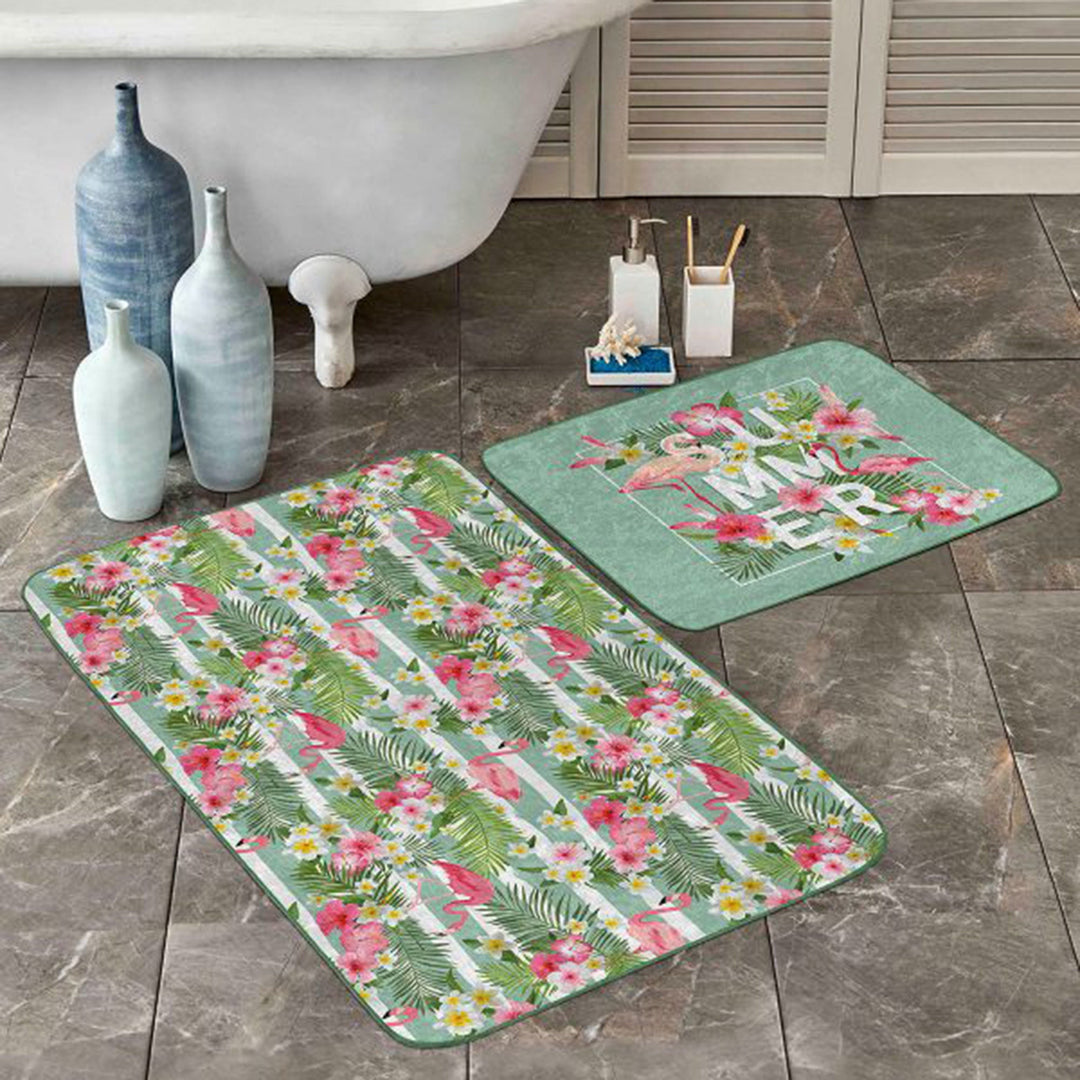 Set of 2 Flamingo Bath Mat|Non-Slip Bathroom Decor|Zigzag and Floral Flamingo Rug|Rectangle Kitchen Floor Mat|Decorative Shower Entrance Rug