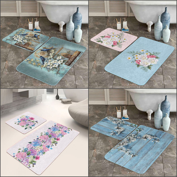 Set of 2 Floral Bath Mat|Non-Slip Bathroom Decor|Decorative Bath Rug|Bird and Flower Print Floor Mat|Rectangle Shower, Home Entrance Carpet