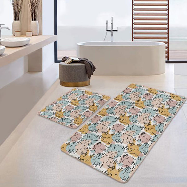 Set of 2 Abstract Onedraw Bath Mat|Non-Slip Bathroom Decor|Abstract Flower and Woman Face Drawing Floor Mat|Rectangle Shower Entrance Rug