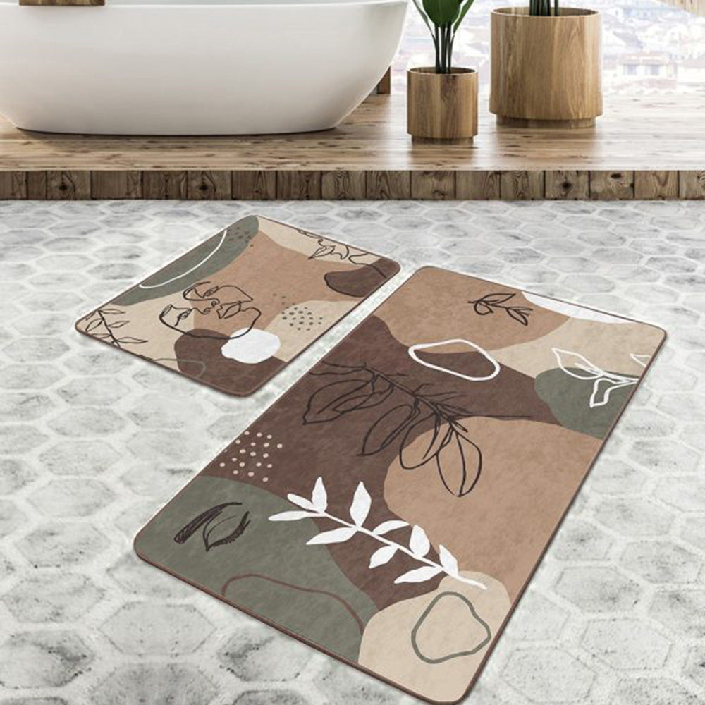 Set of 2 Abstract Onedraw Bath Mat|Non-Slip Bathroom Decor|Abstract Flower and Woman Face Drawing Floor Mat|Rectangle Shower Entrance Rug