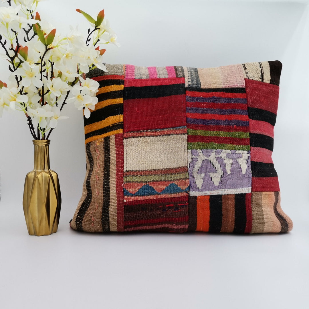 Vintage Kilim Pillow Cover|Rustic Kilim Pillow Top|Anatolian Throw Pillowcase|Boho Bedding Decor|Handwoven Patchwork Rug Cushion Cover 20x20