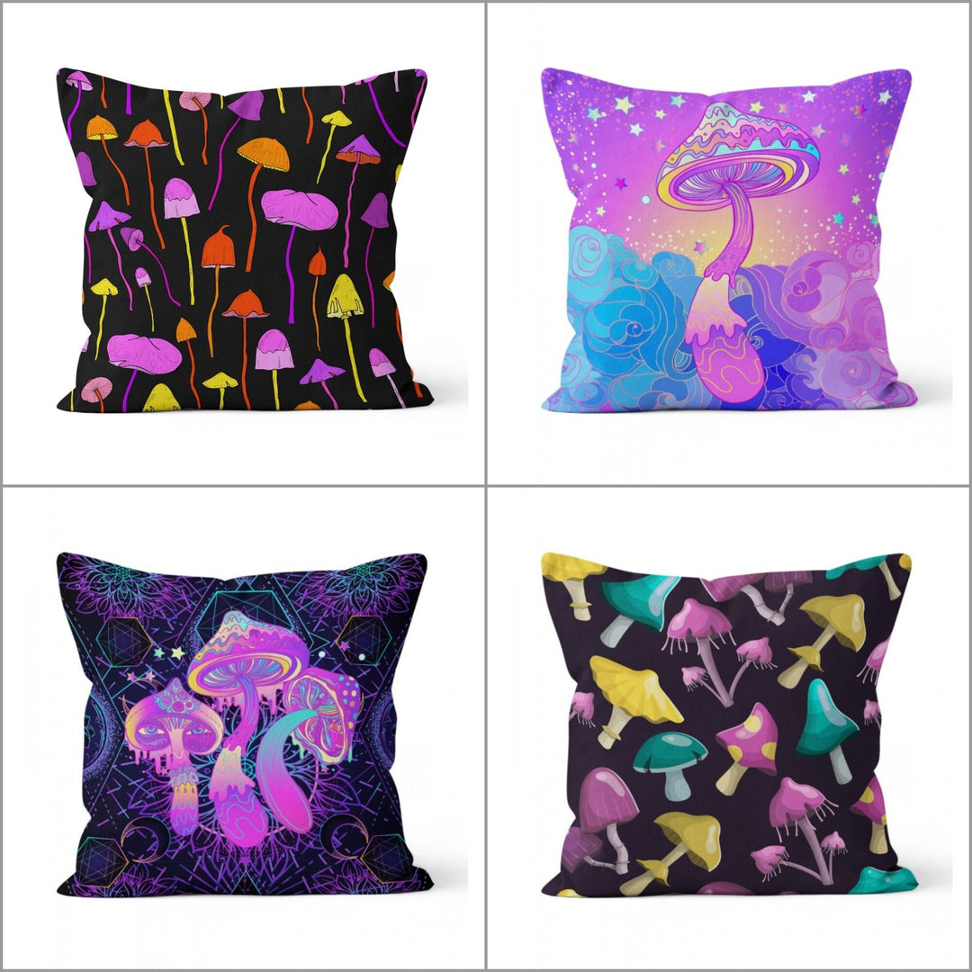 Mushroom Pillow Case|Neon Purple Green Yellow Mushroom Cushion Cover|Decorative Cushion Case|Psychedelic Plant Pillowcase|Farmhouse Decor