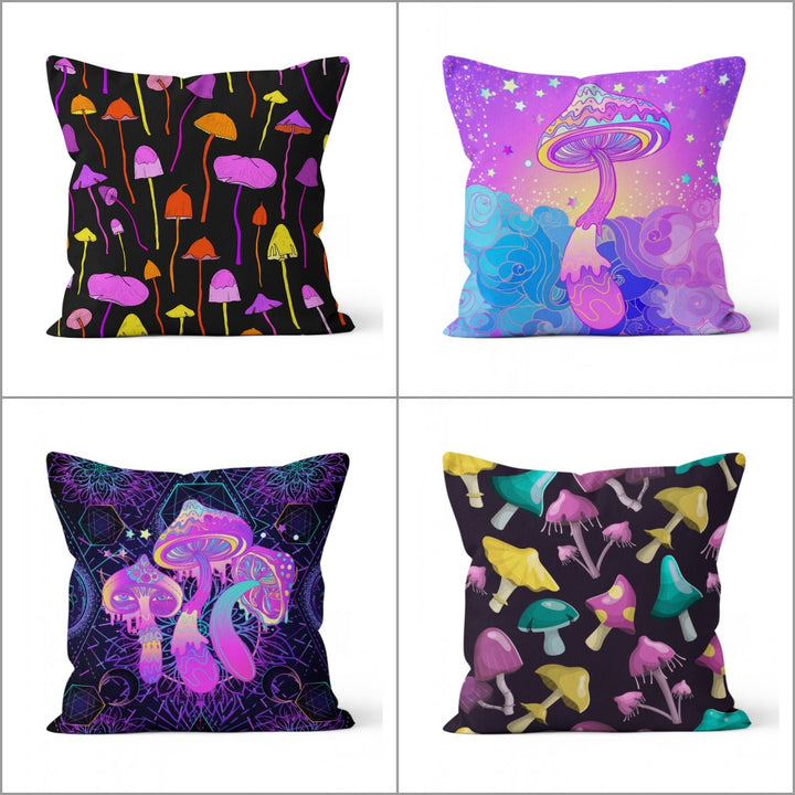 Mushroom Pillow Case|Neon Purple Green Yellow Mushroom Cushion Cover|Decorative Cushion Case|Psychedelic Plant Pillowcase|Farmhouse Decor