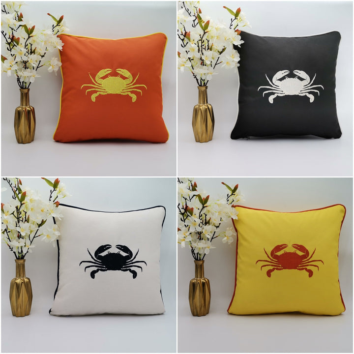 Embroidered Luxury Yacht Pillow Cover|Water Repellent Crab Pillow Top|Abrasion Resistant Nautical Cushion Cover|Flame Retardant Pillowcase