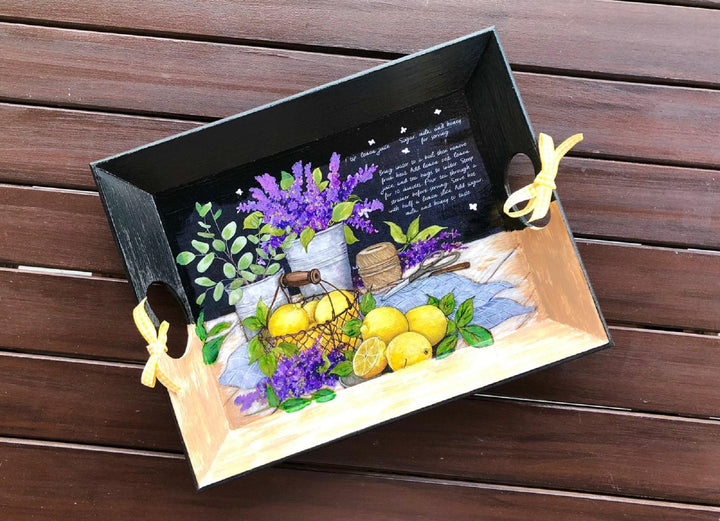 Hand Painted Wooden Tray|Lavender Kitchen Decor|Black Serving Tray|Custom Table Decor|Home Decor|Gift for Women|Wooden Art|Housewarming Gift