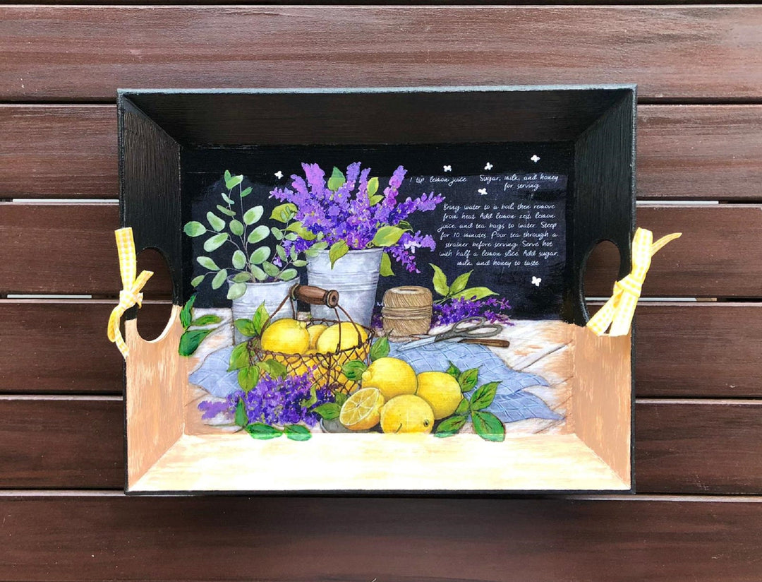 Hand Painted Wooden Tray|Lavender Kitchen Decor|Black Serving Tray|Custom Table Decor|Home Decor|Gift for Women|Wooden Art|Housewarming Gift