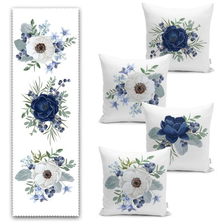 Set of 4 Floral Pillow Covers and 1 Table Runner|White Blue Home Decor|Decorative Flower Painting Tablecloth|Rose Print Cushion and Runner