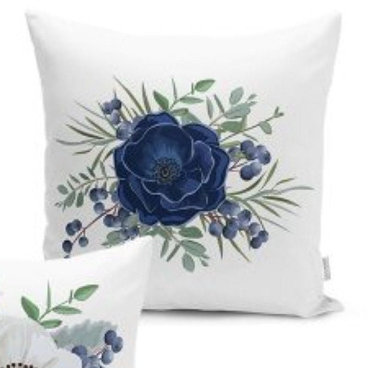 Set of 4 Floral Pillow Covers and 1 Table Runner|White Blue Home Decor|Decorative Flower Painting Tablecloth|Rose Print Cushion and Runner