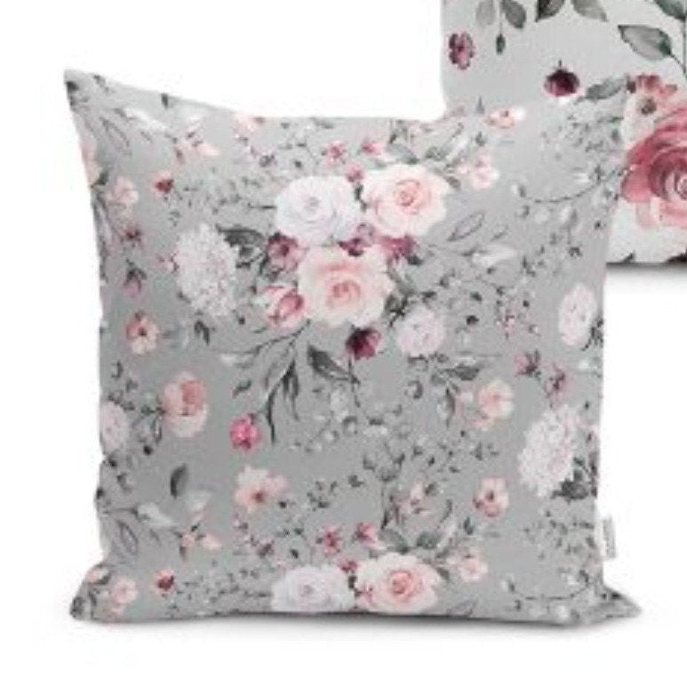 Set of 4 Floral Pillow Covers and 1 Table Runner|White Pink Rose Home Decor|Decorative Flower Painting Tabletop|Rose Cushion and Runner Set