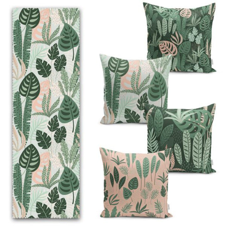 Set of 4 Plant Pillow Covers and 1 Table Runner|Green Leaves Home Decor|Decorative Tropical Leaves Tabletop|Floral Cushion and Runner Set