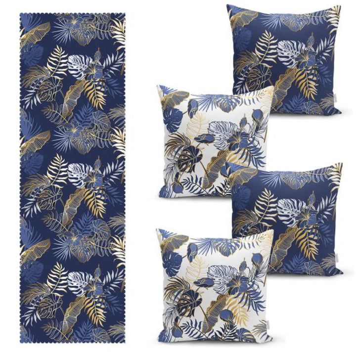 Set of 4 Plant Pillow Covers and 1 Table Runner|Blue Gold Leaves Home Decor|Decorative Tropical Leaf Tabletop|Floral Cushion and Runner Set