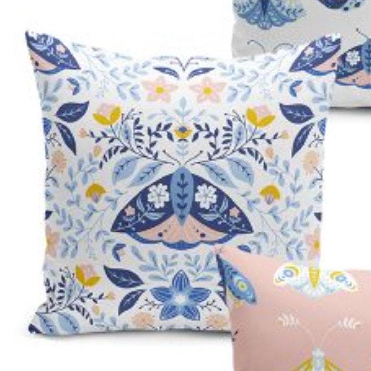 Set of 4 Moth Pillow Covers and 1 Table Runner|Pink Blue Home Decor|Decorative Butterfly Print Tabletop|Floral Cushion Cover and Runner Set