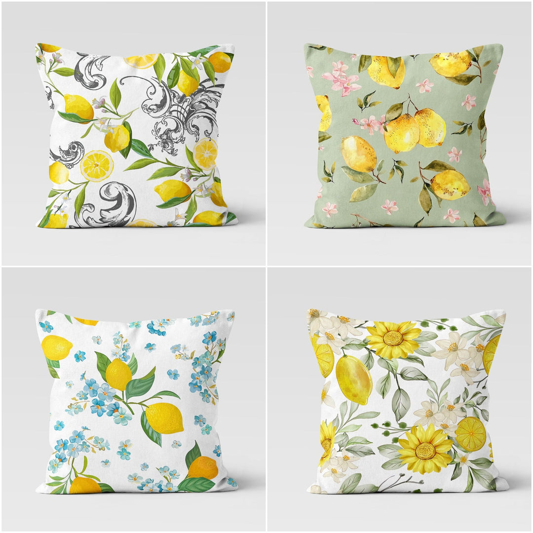 Floral Lemon Pillow Cover|Lemons and Flowers Throw Pillow Case|Housewarming Yellow Citrus Print Home Decor|Farmhouse Style Cushion Cover