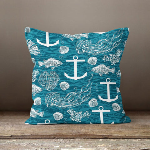 Anchor Cushion Cover|Decorative Nautical Pillow Case|Blue Turquoise White Navy Marine Pillowcase|Beach House Decor|Jellyfish Throw Pillow