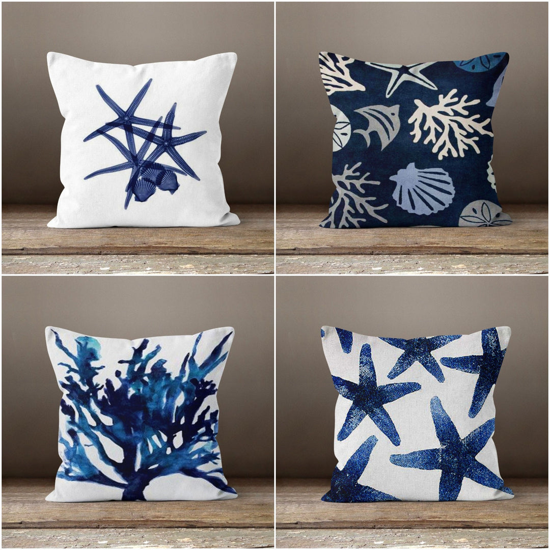 Starfish and Coral Pillow Case|Navy Marine Cushion Cover|Blue White Nautical Decor|Oyster and Fish Throw Pillow|Beach House Coral Pillowcase