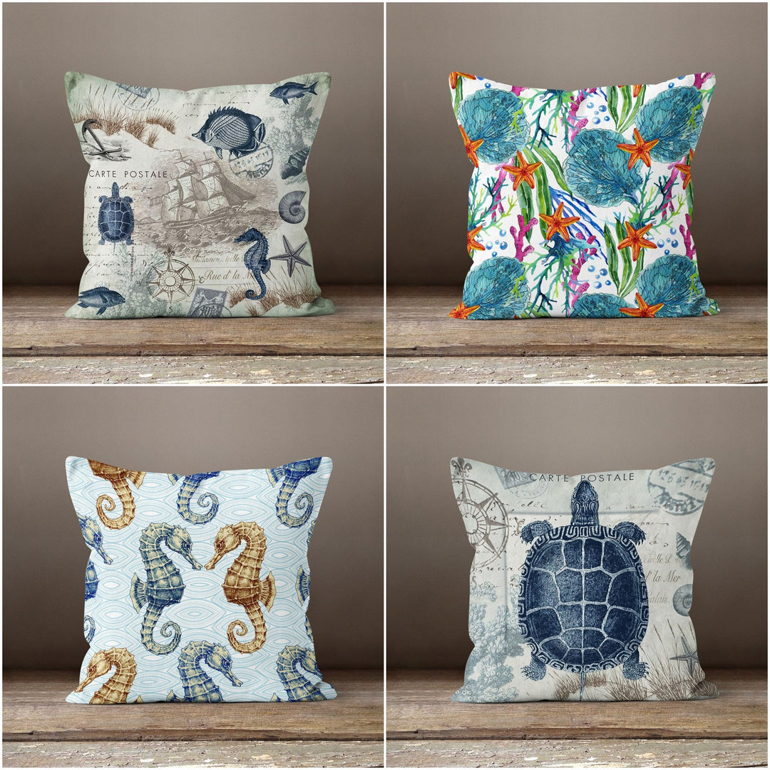 Beach House Pillow Case|Coastal Seahorse Throw Pillow Cover|Sea Turtle, Starfish and Fish Print Cushion Cover|Blue Beige Nautical Home Decor