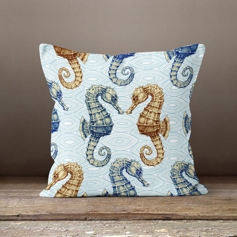 Beach House Pillow Case|Coastal Seahorse Throw Pillow Cover|Sea Turtle, Starfish and Fish Print Cushion Cover|Blue Beige Nautical Home Decor