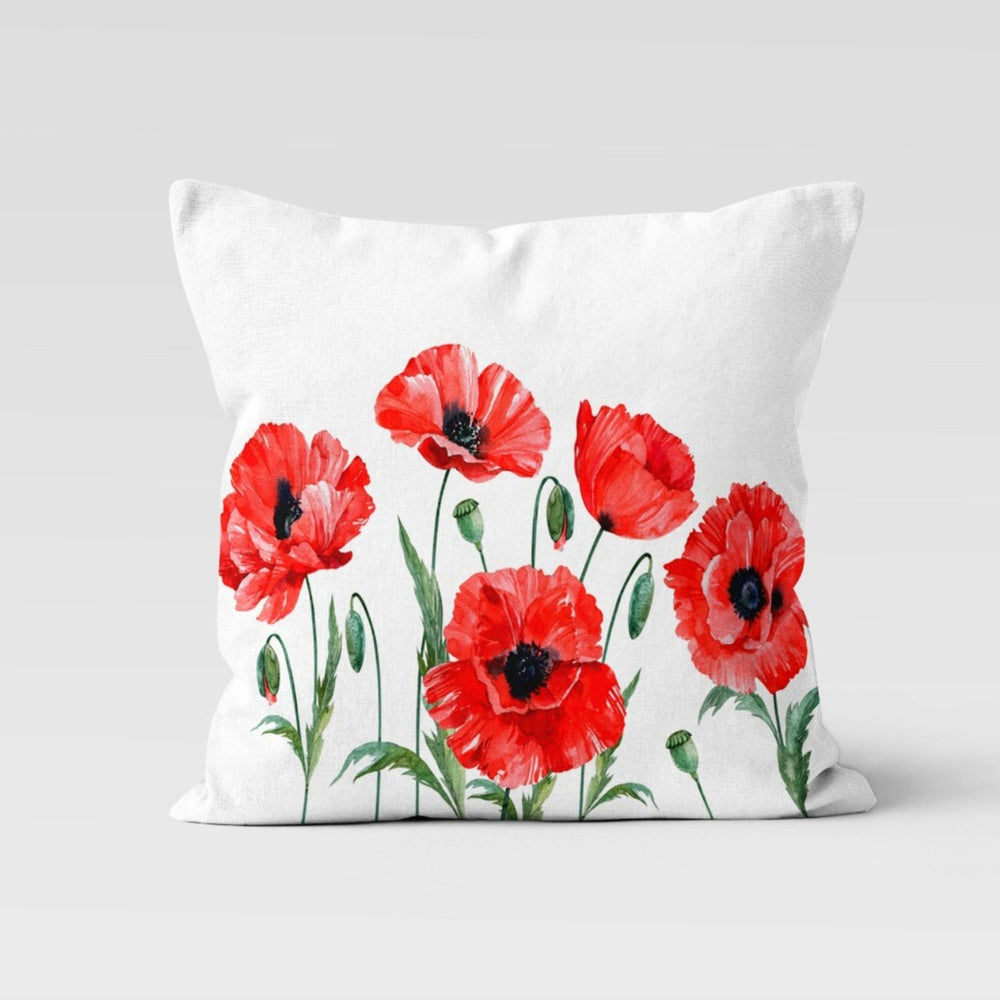 Red Poppy Pillow Cover|Floral Cushion Case|Decorative Red Green Throw Pillow Top|Boho Bedding Decor|Housewarming Farmhouse Style Pillowcase