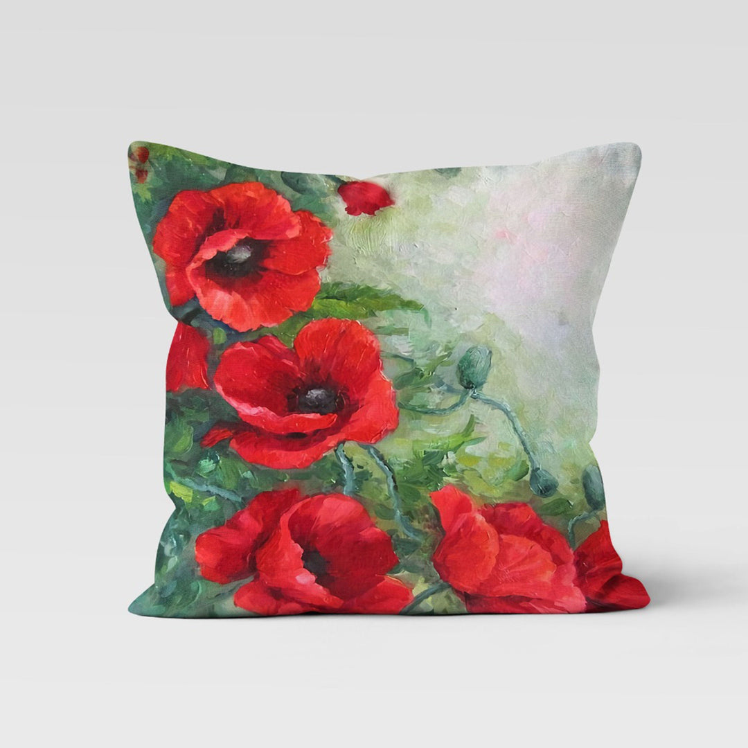 Red Poppy Pillow Cover|Floral Cushion Case|Decorative Red Green Throw Pillow Top|Boho Bedding Decor|Housewarming Farmhouse Style Pillowcase