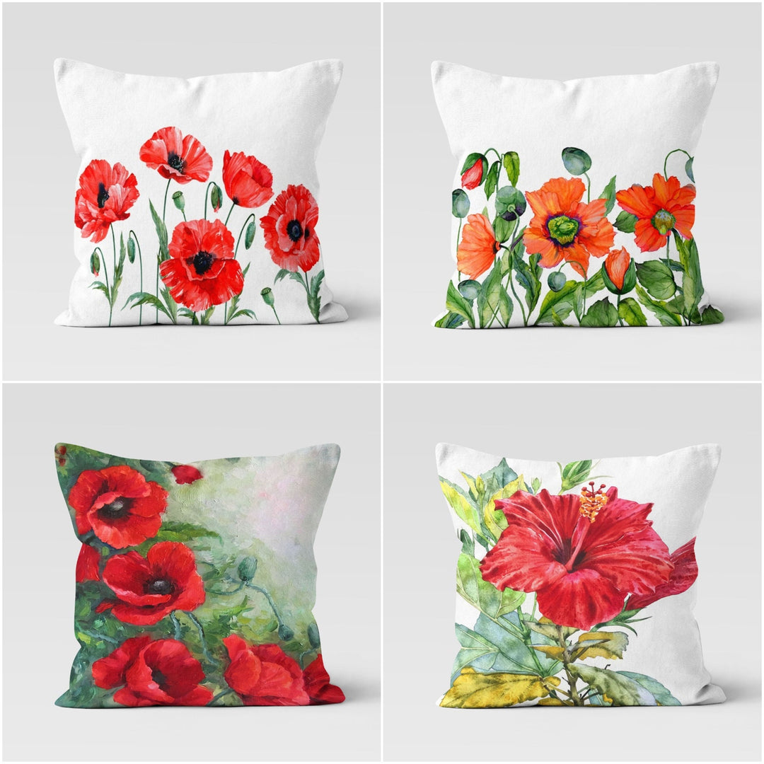 Red Poppy Pillow Cover|Floral Cushion Case|Decorative Red Green Throw Pillow Top|Boho Bedding Decor|Housewarming Farmhouse Style Pillowcase