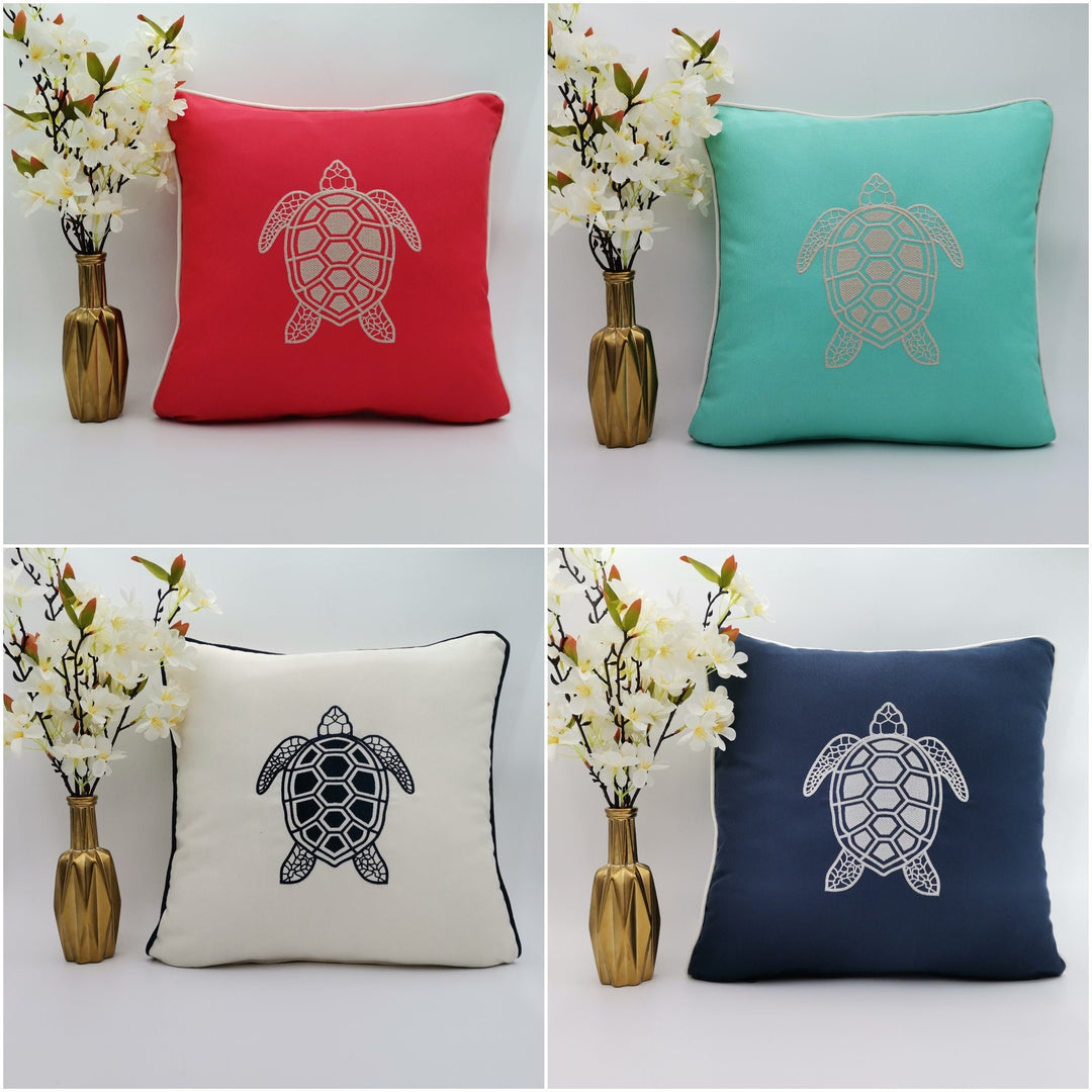 Embroidered Luxury Yacht Pillow Cover|Water Repellent Sea Turtle Pillow|Abrasion Resistant Nautical Cushion Cover|Flame Retardant Pillow Top