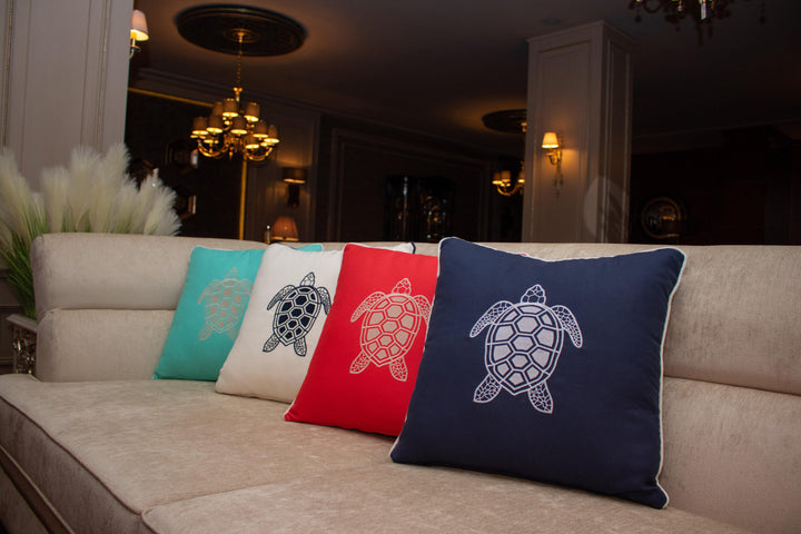 Embroidered Luxury Yacht Pillow Cover|Water Repellent Sea Turtle Pillow|Abrasion Resistant Nautical Cushion Cover|Flame Retardant Pillow Top