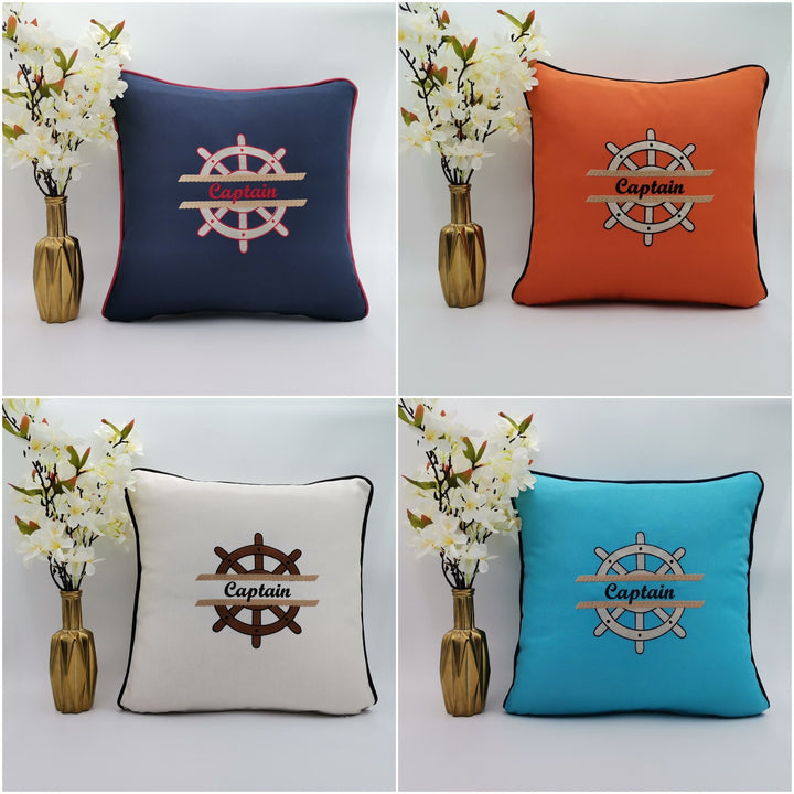 Embroidered Luxury Yacht Pillow Cover|Water Repellent Wheel Pillow|Abrasion Resistant Nautical Cushion Cover|Flame Retardant Captain Decor