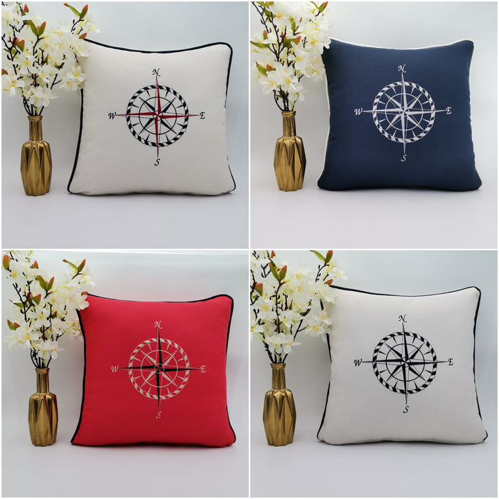 Embroidered Luxury Yacht Pillow Cover|Water Repellent Compass Pillowtop|Abrasion Resistant Nautical Cushion Cover|Flame Retardant Pillowcase