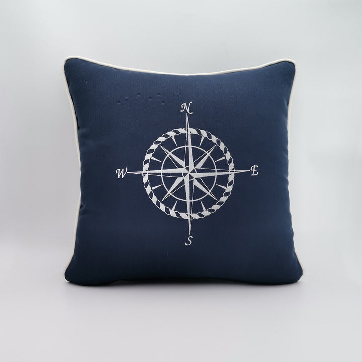 Embroidered Luxury Yacht Pillow Cover|Water Repellent Compass Pillowtop|Abrasion Resistant Nautical Cushion Cover|Flame Retardant Pillowcase