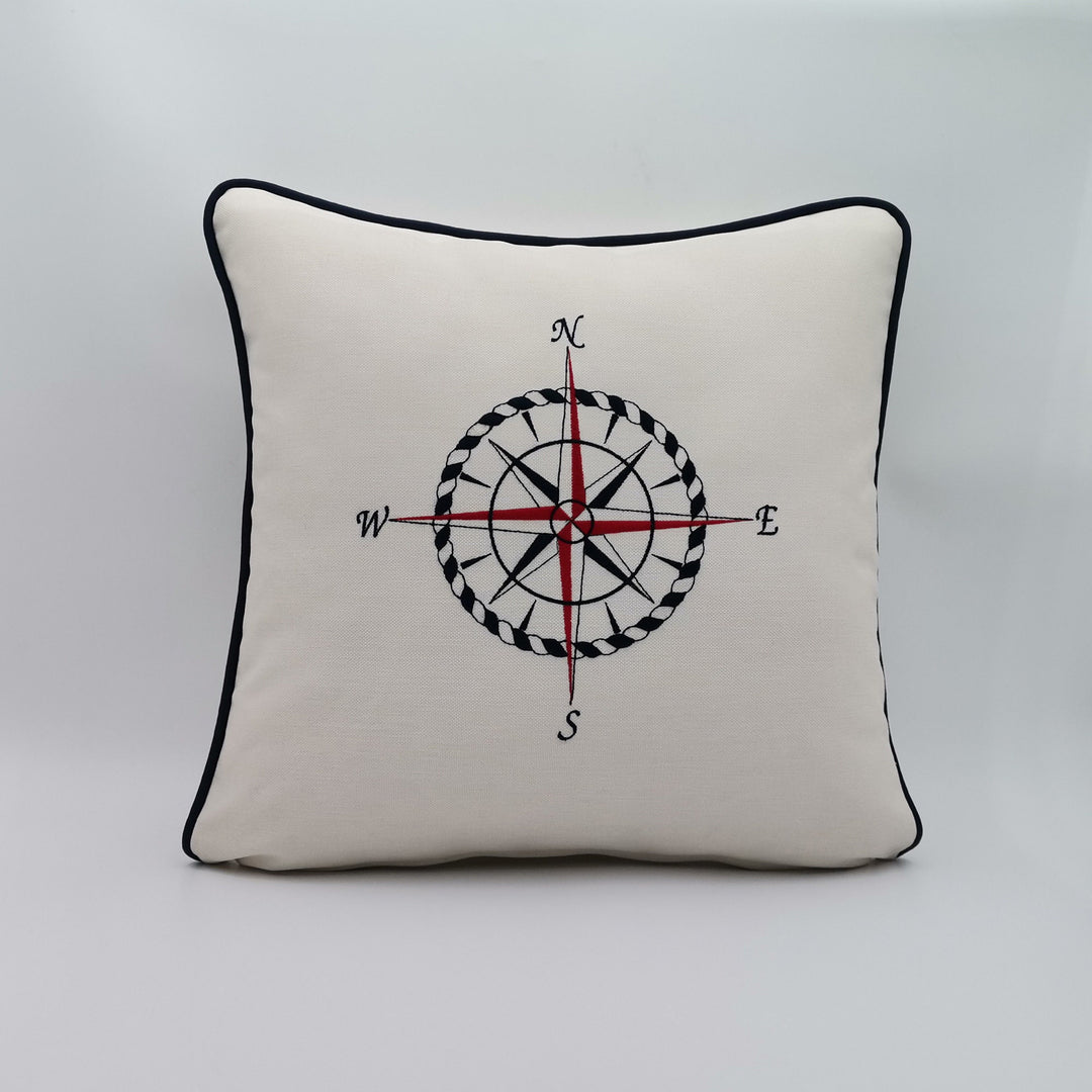 Embroidered Luxury Yacht Pillow Cover|Water Repellent Compass Pillowtop|Abrasion Resistant Nautical Cushion Cover|Flame Retardant Pillowcase