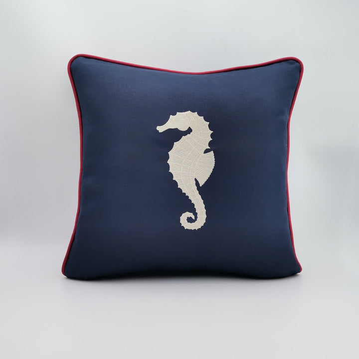 Embroidered Luxury Yacht Pillow Cover|Water Repellent Seahorse Pillow|Abrasion Resistant Nautical Cushion Cover|Flame Retardant Pillowcase