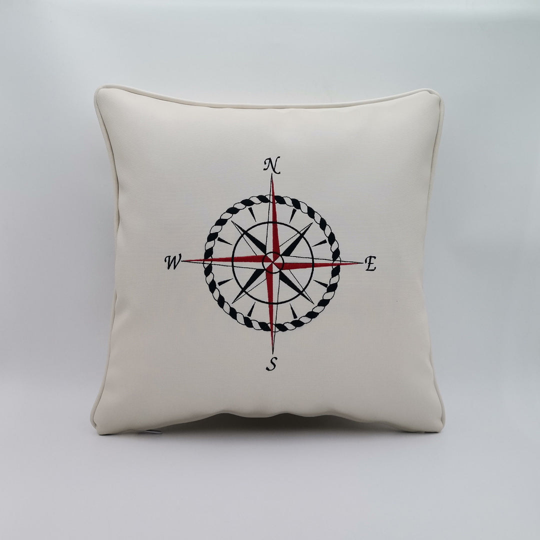 Embroidered Luxury Yacht Pillow Cover|Water Repellent Compass Pillow Case|Abrasion Resistant Nautical Cushion Cover|Faux Leather Pillow Top