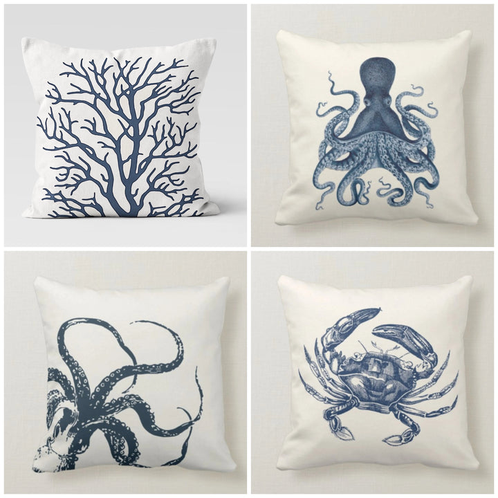 Beach House Pillow Case|Navy Marine Pillow Cover|Nautical Blue Gray Cushion|Seaweed Throw Pillow|Octopus Crab Home Decor|Porch Pillow Case