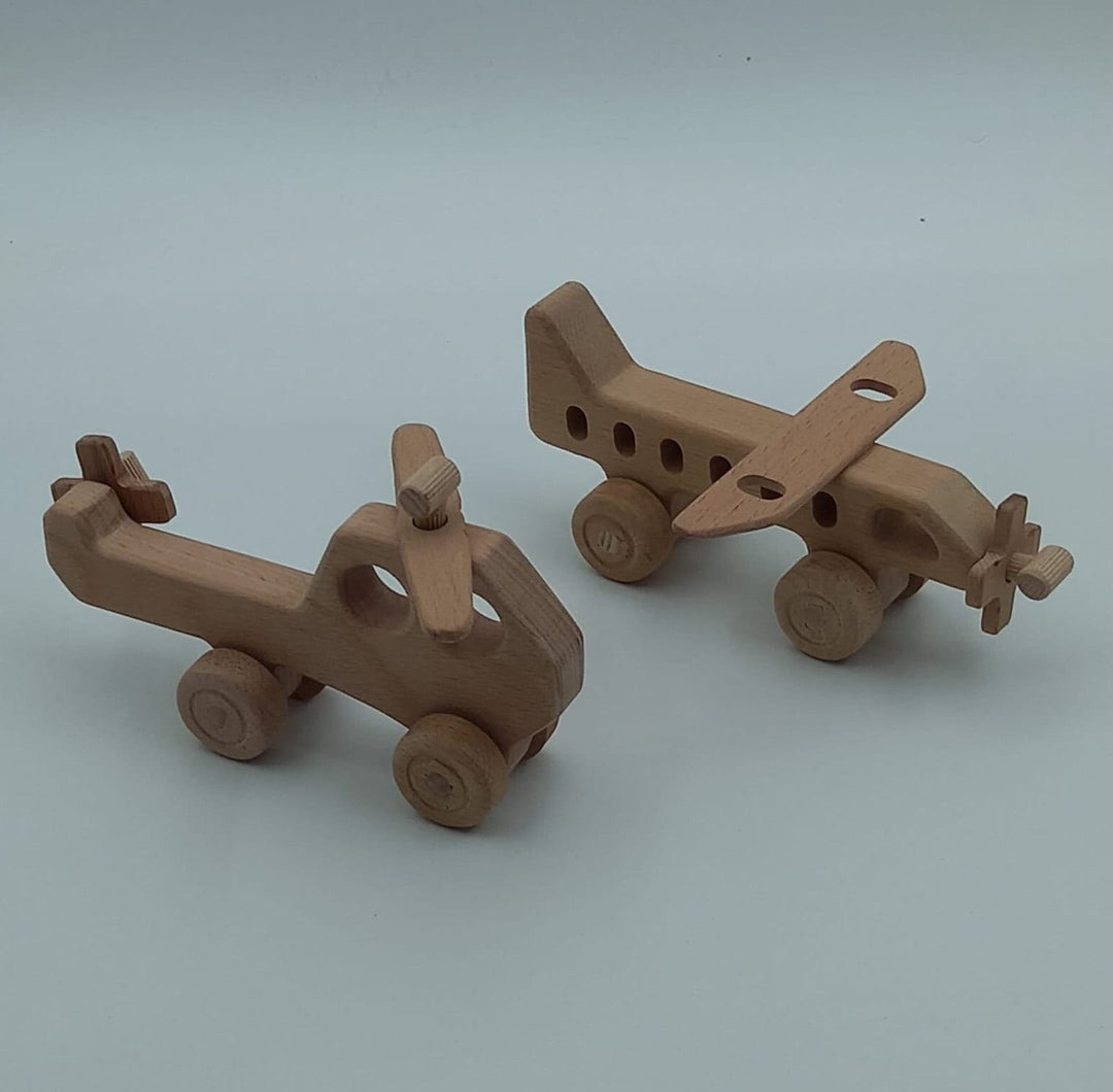 Set of 2 Wooden Helicopter and Airplane Push Toy|Wood Airplane Toy|Wood Helicopter Toy|Natural Toddler Toy Gift For Kids|Eco Friendly Toy