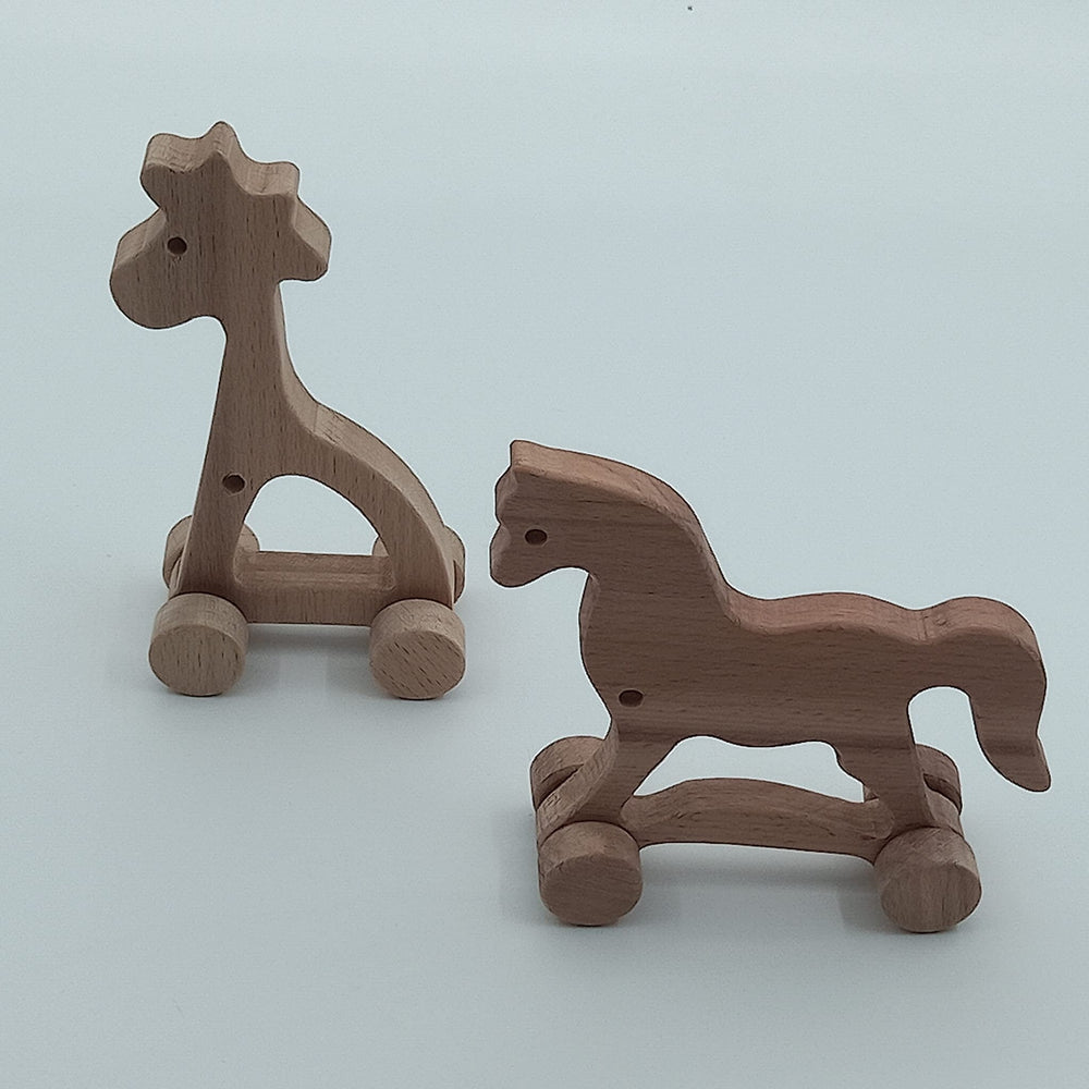 Set of 2 Wooden Animal Push Toys|Birthday Gift For Kids|Wooden Horse and Giraffe|Grasping Toy|Miniature Animals|Montessori Toy|Waldorf Toy