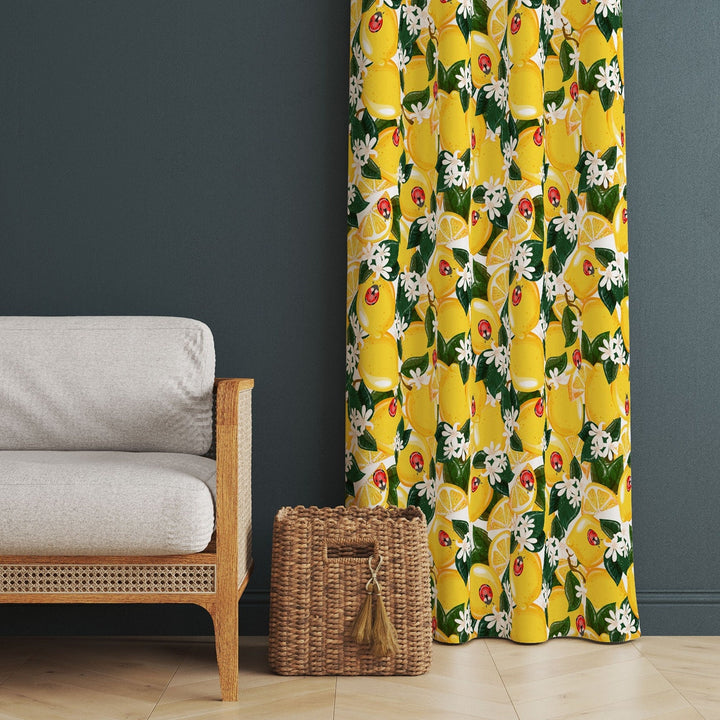 Floral Lemon Curtain|Thermal Insulated Fresh Citrus Window Treatment|Yellow Green Home Decor|Lemon Window Decor|Modern Living Room Curtain