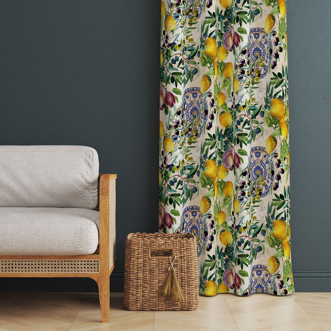 Floral Lemon Curtain|Thermal Insulated Fresh Citrus Window Treatment|Yellow Green Home Decor|Lemon Window Decor|Modern Living Room Curtain