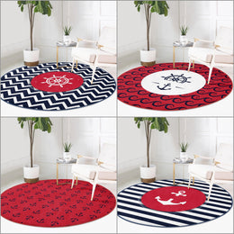 Nautical Round Rug|Non-Slip Round Carpet|Anchor Circle Carpet|Navy Wheel Print Area Rug|Coastal Home Decor|Decorative Multi-Purpose Area Mat