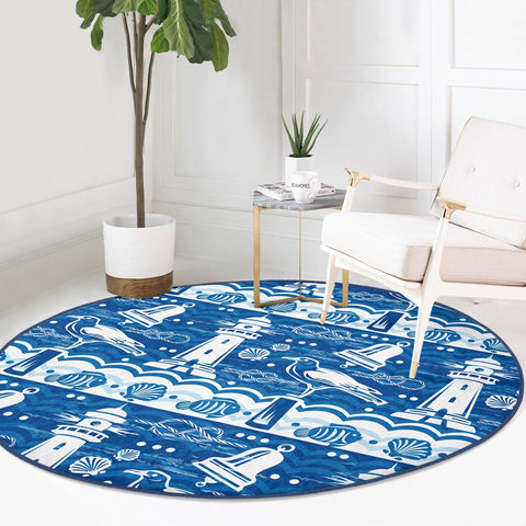 Nautical Round Rug|Non-Slip Round Carpet|Sailing Boat and Lighthouse Print Circle Carpet|Navy Wheel and Seashell Area Rug|Coastal Home Decor