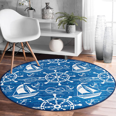 Nautical Round Rug|Non-Slip Round Carpet|Sailing Boat and Lighthouse Print Circle Carpet|Navy Wheel and Seashell Area Rug|Coastal Home Decor