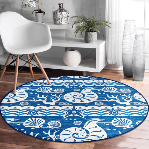 Nautical Round Rug|Non-Slip Round Carpet|Sailing Boat and Lighthouse Print Circle Carpet|Navy Wheel and Seashell Area Rug|Coastal Home Decor