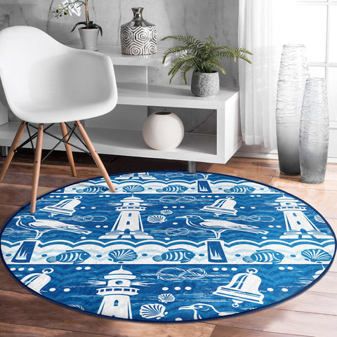 Nautical Round Rug|Non-Slip Round Carpet|Sailing Boat and Lighthouse Print Circle Carpet|Navy Wheel and Seashell Area Rug|Coastal Home Decor