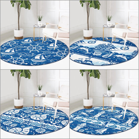 Nautical Round Rug|Non-Slip Round Carpet|Sailing Boat and Lighthouse Print Circle Carpet|Navy Wheel and Seashell Area Rug|Coastal Home Decor