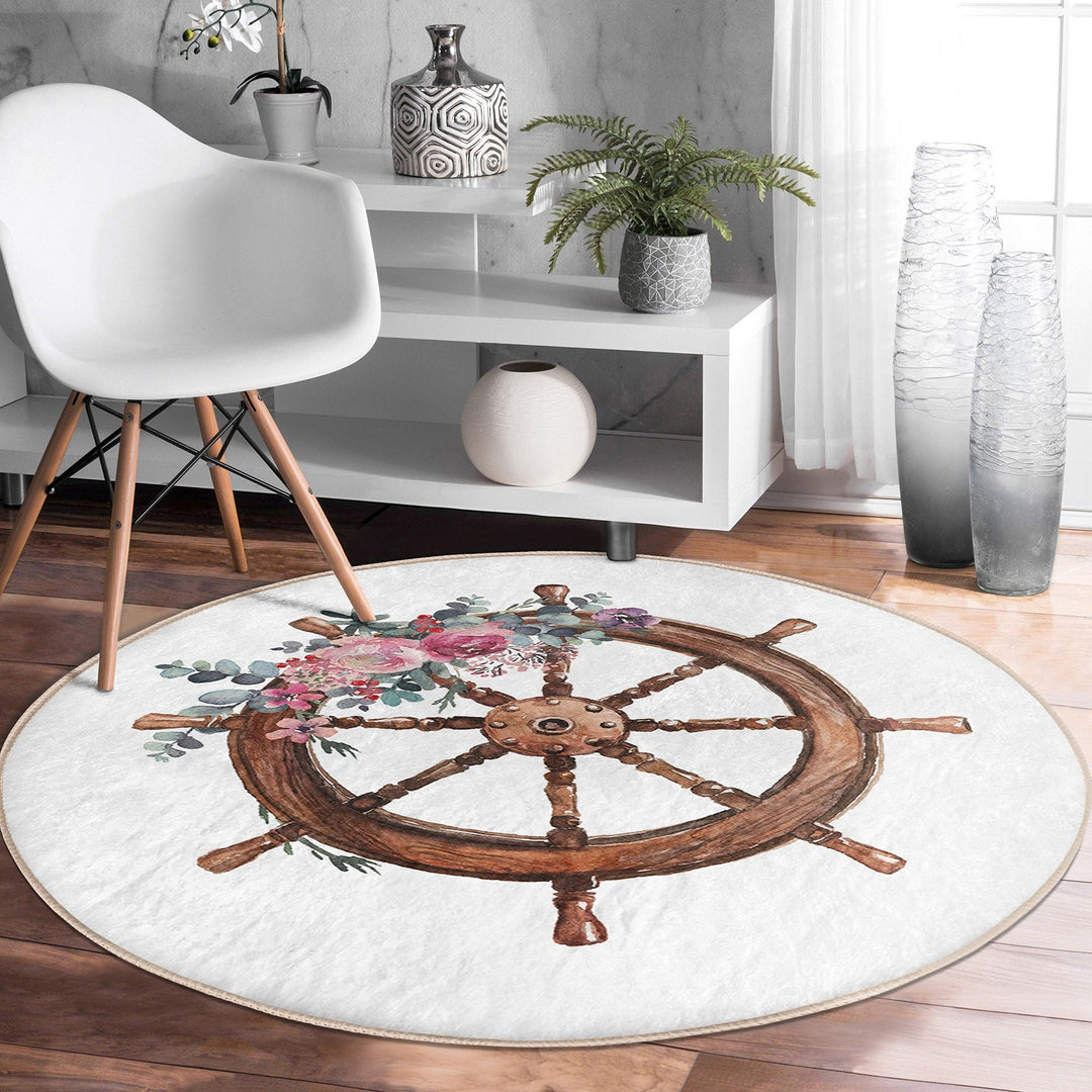 Nautical Round Rug|Non-Slip Round Carpet|Floral Navy Anchor and Wheel Print Circle Carpet|Decorative Beach House Area Rug|Coastal Home Decor